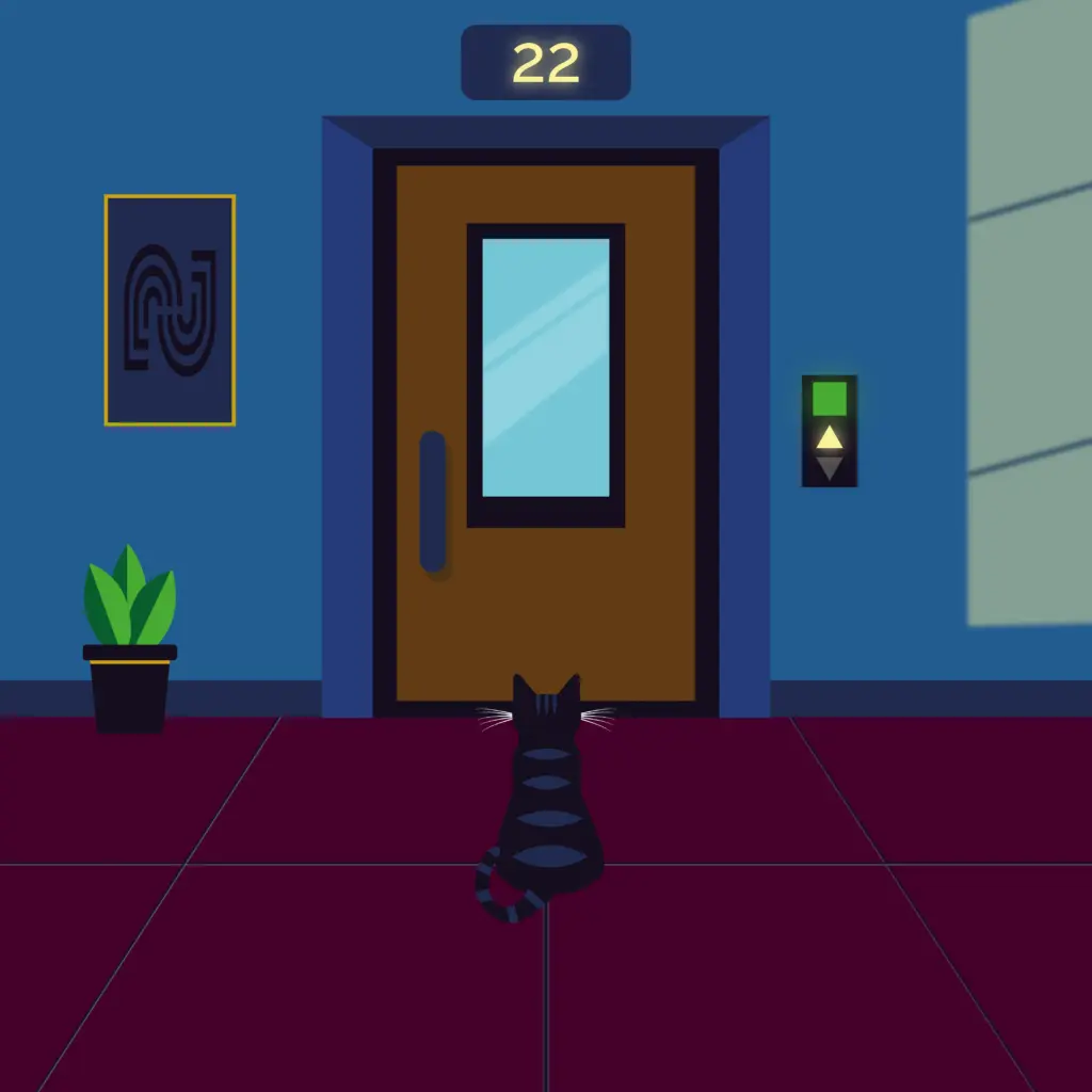 Neo-noir hangulatú illusztráció, amelyben egy macska egy lift előtt ül, miközben a liftgomb és a 22-es emelet kijelzése központi vizuális elemként jelenik meg, erős fény-árnyék kontraszttal.