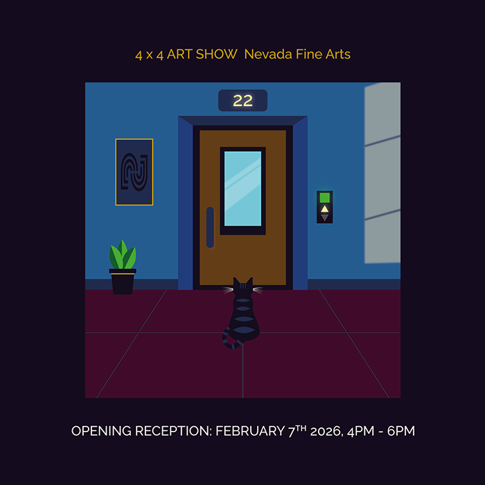 Adobe Illustratorban készített vektorillusztráció, amely egy macskát ábrázol egy liftajtó előtt a 22. emeleten. Az alkotás a Nevada Fine Arts 4x4 Art Show nemzetközi kiállítási felhívására készült, geometrikus formákkal, letisztult vektorgrafikai stílussal és hangulatos színvilággal. 2026.