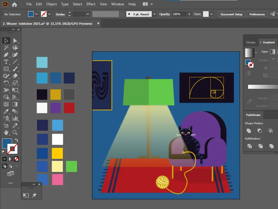 Adobe Illustrator munkafelület, ahol egy vektoros illusztráció készítése látható, artboarddal és rétegekkel, a kreatív folyamat közben.