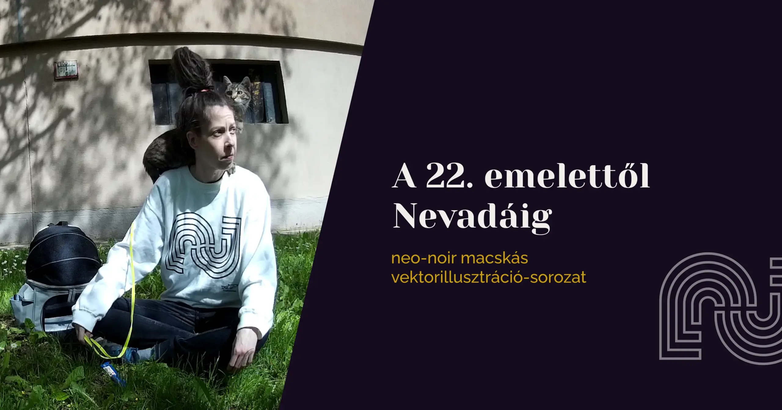 Neo-noir stílusú macskás vektorillusztráció sorozat borítóképe, amelyen a készítő egy macskával együtt látható, a “A 22. emelettől Nevadáig”
