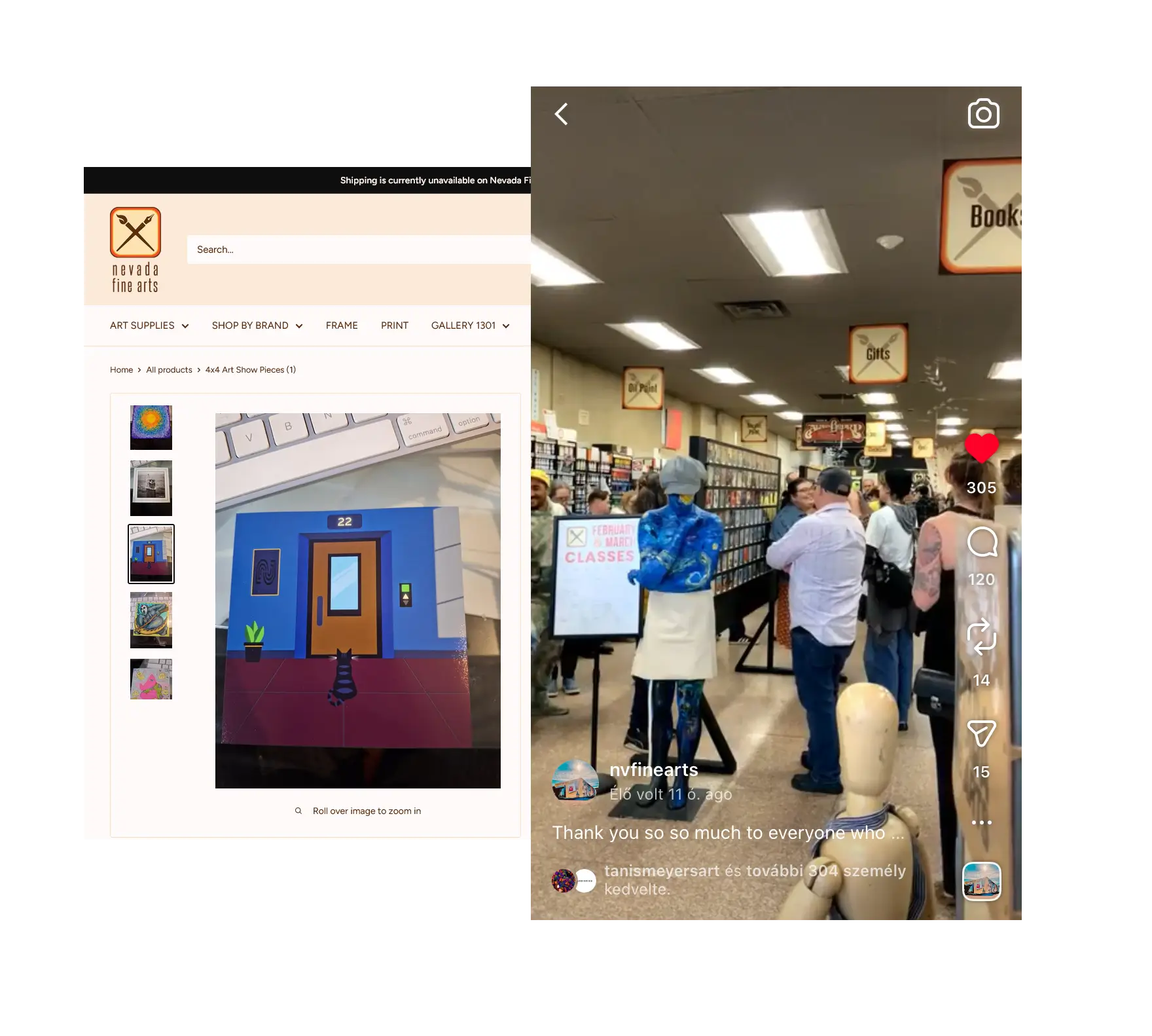 Képernyőkép egy Instagram Live közvetítésből a Nevada Fine Arts Gallery 4×4 Art Show kiállítás megnyitójáról, ahol a „Quiet Presence” című munka is látható.
